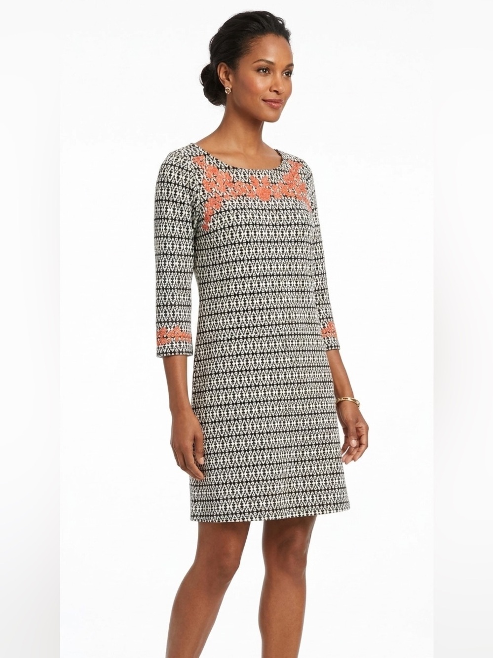THML Black & White Geometric Tunic dress with Orange Embroidery Medium